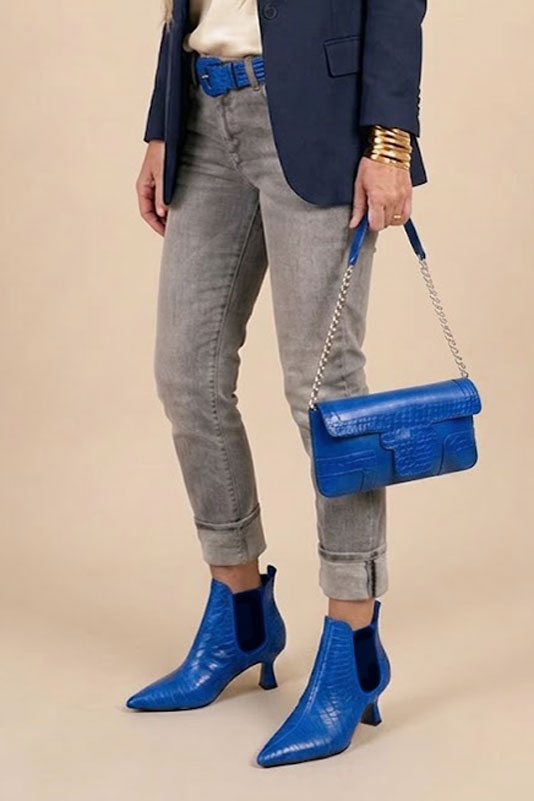 Dress Chelsea ankle boots side elastics in electric blue and matt black leather with medium spool heels and pointed toe - Worn view